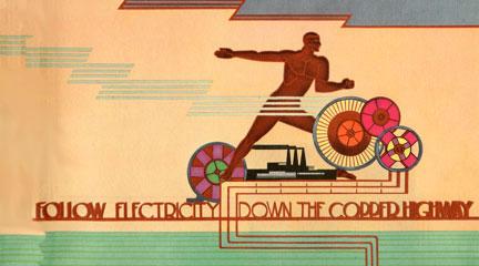 Pamphlet,  Electricity at work portraying the generation, transmission, distribution and utilization of electricity, 1933, University of Chicago Library, Special Collections Research Center, Note: Image extended to left. Pamphlet,  Electricity at work portraying. . . , 1933, University of Chicago