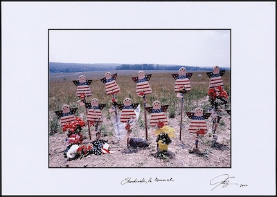 Ten angels erected on wooden posts in a field in Shanksville. Five angels in the back row and five in the front. The angels&rsquo; dresses are made to look like the American flag.