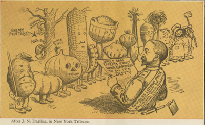 Cartoon featuring a line of vegetables with faces like people, and a soldier standing in front of them with a newspaper reading Uncle Sam Expects every war garden to do its duty.