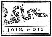 Join or Die, 1754, Benjamin Franklin, Library of Congress woodcut, 1754, Benjamin Franklin, Join or Die, org. pub. in Pennsylvania Gazette