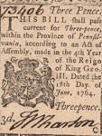 scanned image, Pennsylvania paper currency, June 1764, Franklin and Hall, LOC scanned image, Pennsylvania paper currency, June 1764, Franklin and Hall, LOC
