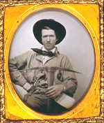 Photo, Joseph Sharp, with pick axe in hand, 1849 gold miner, of Sharp's Flats, Online Archive of California Photo, Joseph Sharp, 1849 gold miner of Sharp's Flats, Online Archive of CA